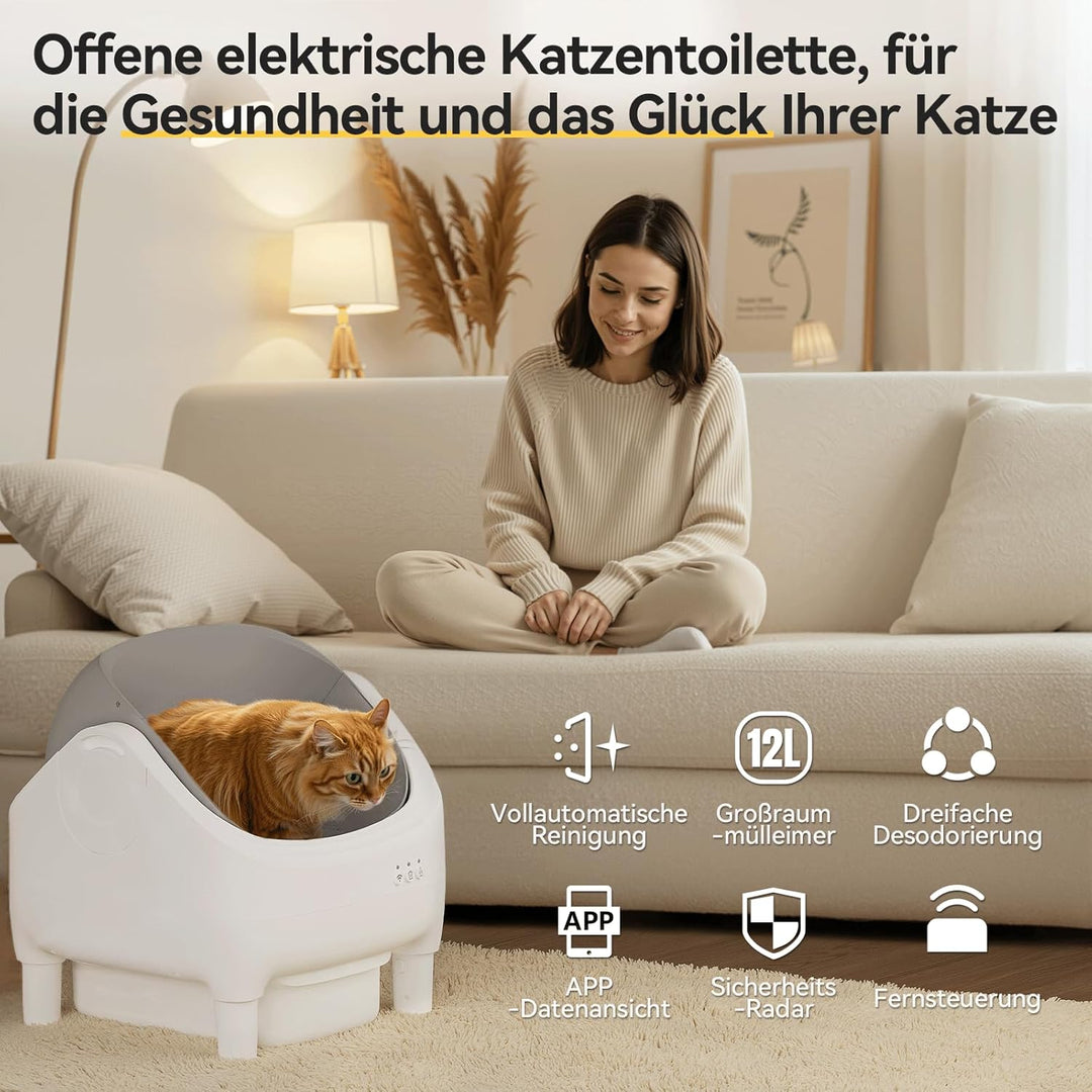 JUMMICO Selbstreiniger Katzenmüllkasten, Top Open Design, XXL Müllschalen für 15 kg Katzen, App Cont