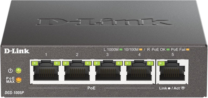 D-Link DGS-1005P, 5-Port Unmanaged PoE+ Gigabit Switch (4 x 10/100/1000 Mbit/s BaseT PoE Port, 1 x 1