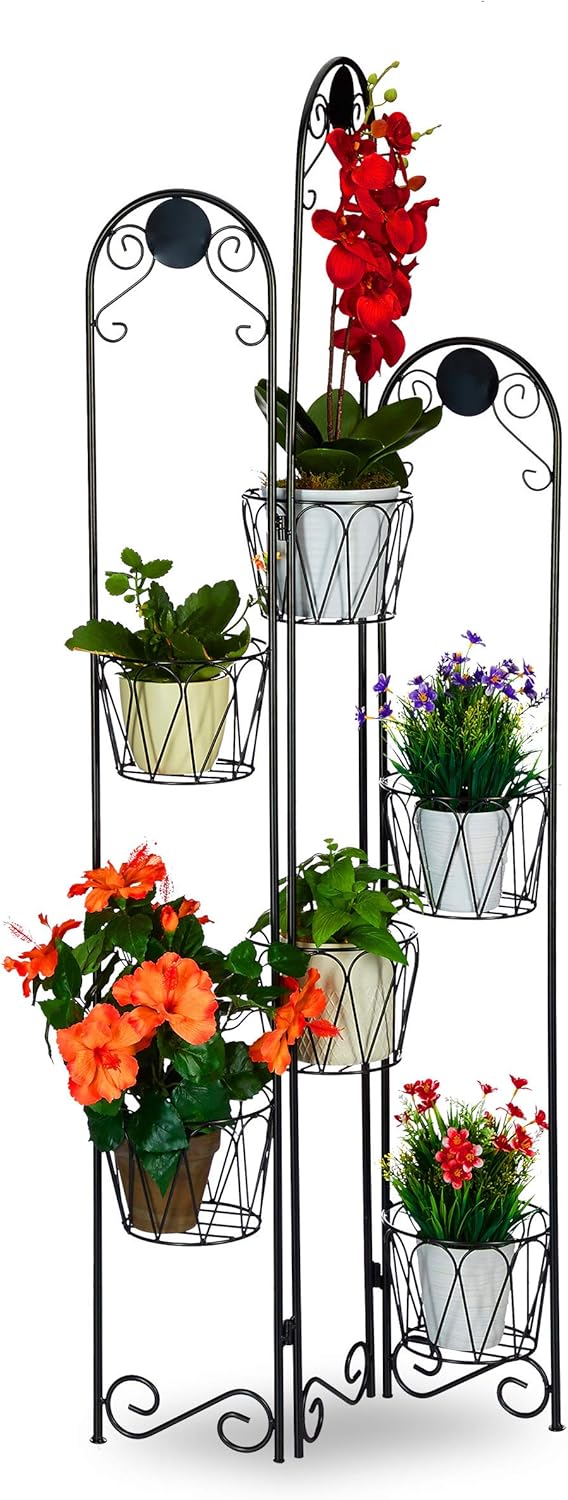Relaxdays, schwarz Metall, Paravent für Blumentöpfe, Blumentreppe Indoor & Outdoor, H: 140 cm, Eisen