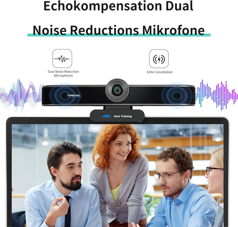 TONGVEO 4K Webcam mit Mikrofon und Lautsprecher, 4X Digitalzoom, ePTZ Videokonferenz Webkamera mit F