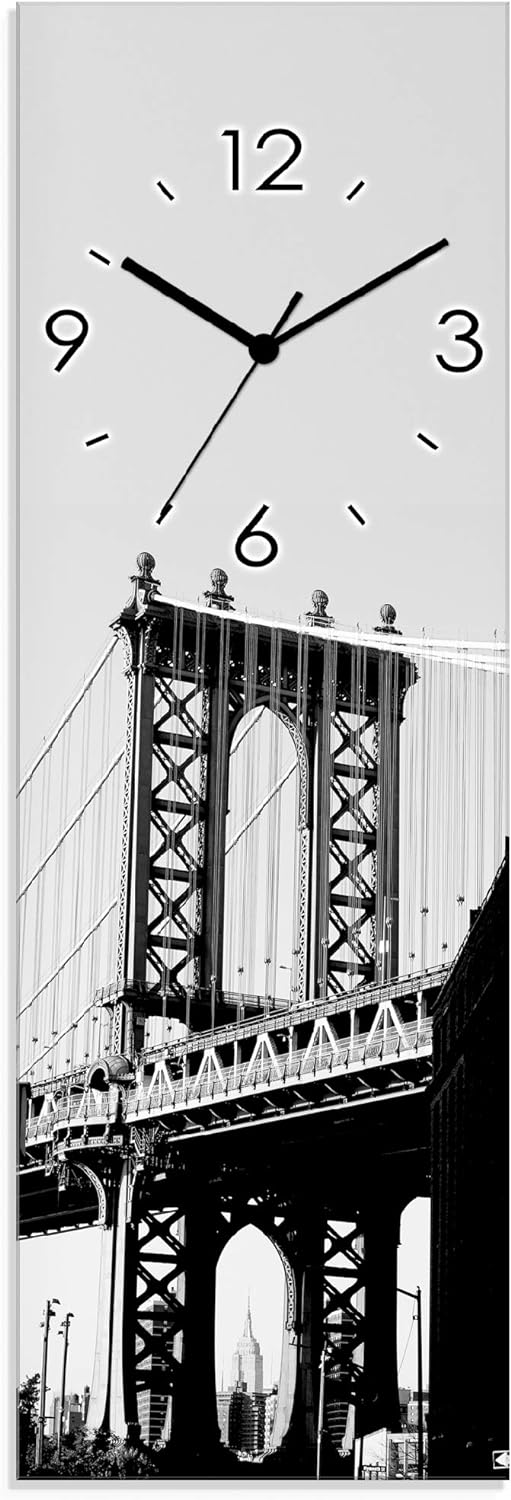 ARTLAND Wanduhr ohne Tickgeräusche Glas Funkuhr 20x60 cm Rechteckig Lautlos Brooklyn Bridge New York