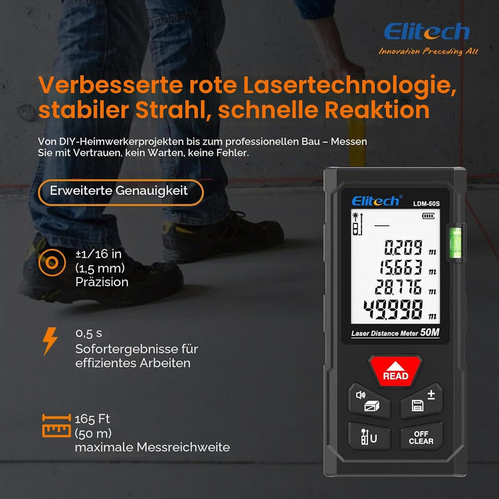 Elitech LDM-50-Series Laser Entfernungsmesser 50m Reichweite, ±2mm Genauigkeit, Flächen-/Volumen-/Py