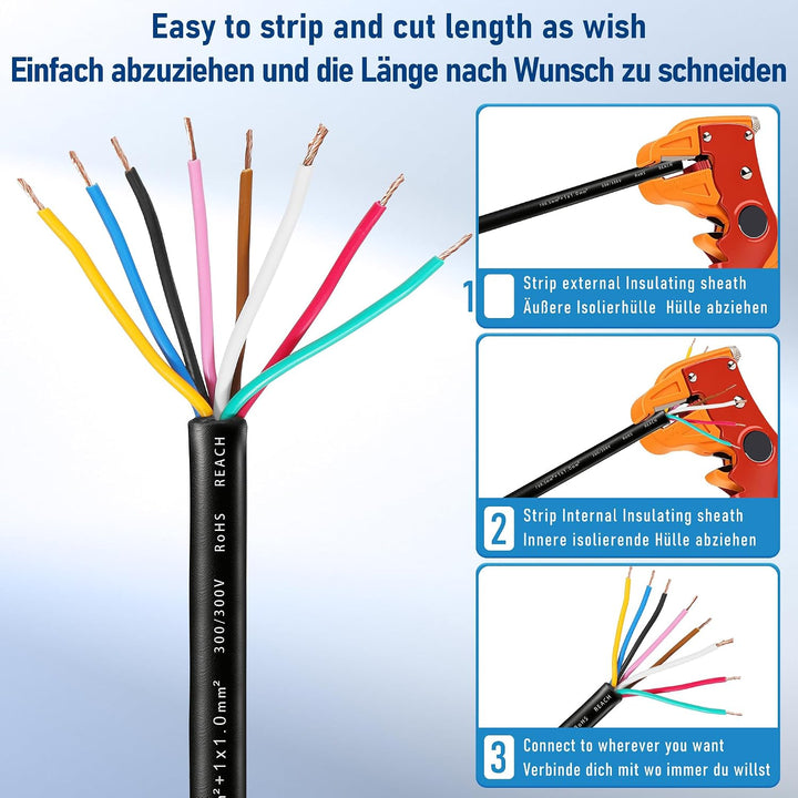 8 Adriges Anhängerkabel KFZ Kabel 5M, Fahrzeugkabel 8 adrig für Anhänger Beleuchtung Rücklichter, 8