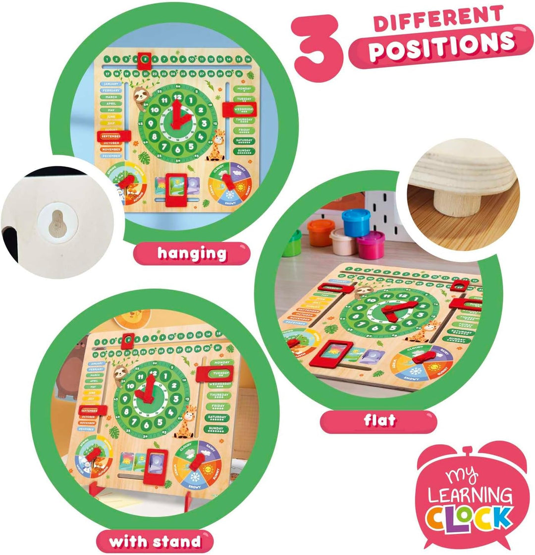 CRAZE My Learning Clock Animals ENGLISCHE SPRACHE - Lernuhr Kinder Holz, Kalenderuhr zum Lernen für