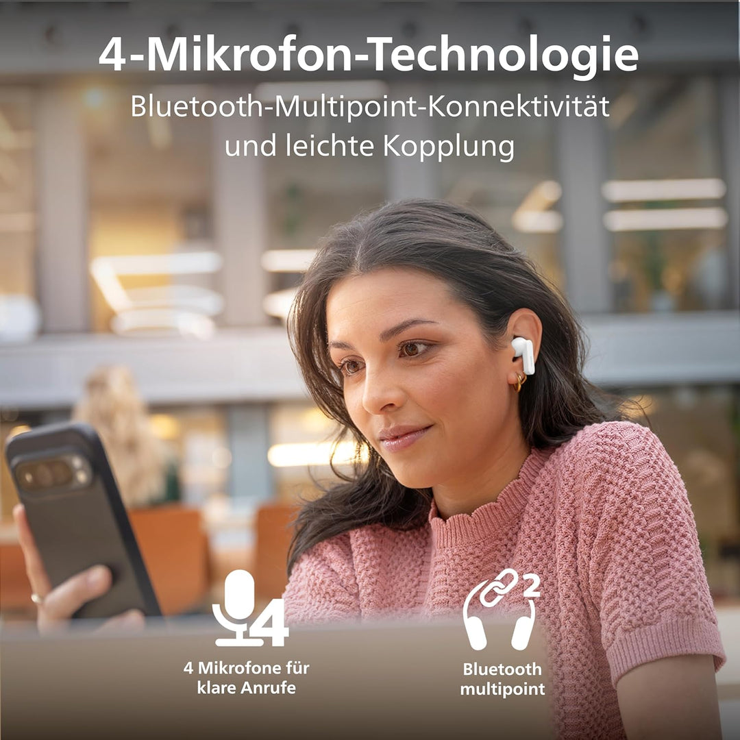 Philips TAT2200WT True-Wireless-Ohrhörer mit aktiver Geräuschunterdrückung, 36 Stunden Wiedergabedau