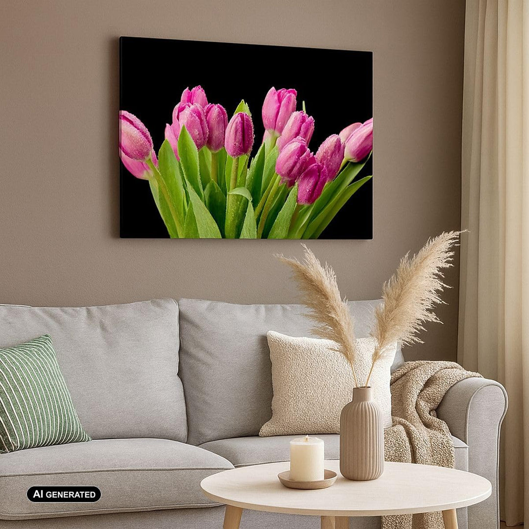 Bilder auf Leinwand 100x70cm Leinwandbild Tulpen Blumenstrauss Tau Tropfen Gross Wanddeko Bild Schla