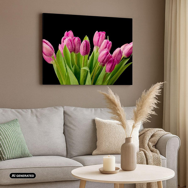 Bilder auf Leinwand 100x70cm Leinwandbild Tulpen Blumenstrauss Tau Tropfen Gross Wanddeko Bild Schla