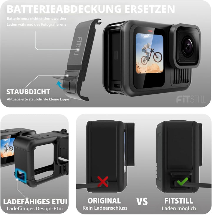 FitStill Schwarze Silikon-Schutzhülle, nur für Go Pro Hero 13, Akku-Seitenabdeckung, Displayschutzfo