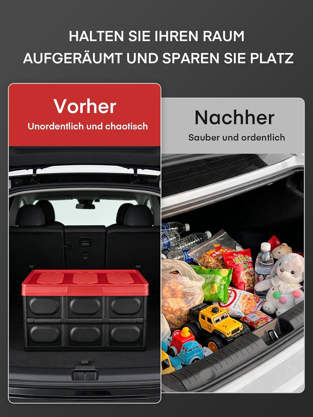 FOHERE Klappbox mit Deckel, 3er-Set 48L Kofferraum-Organizer, Faltbarer Aufbewahrungsbox für Transpo