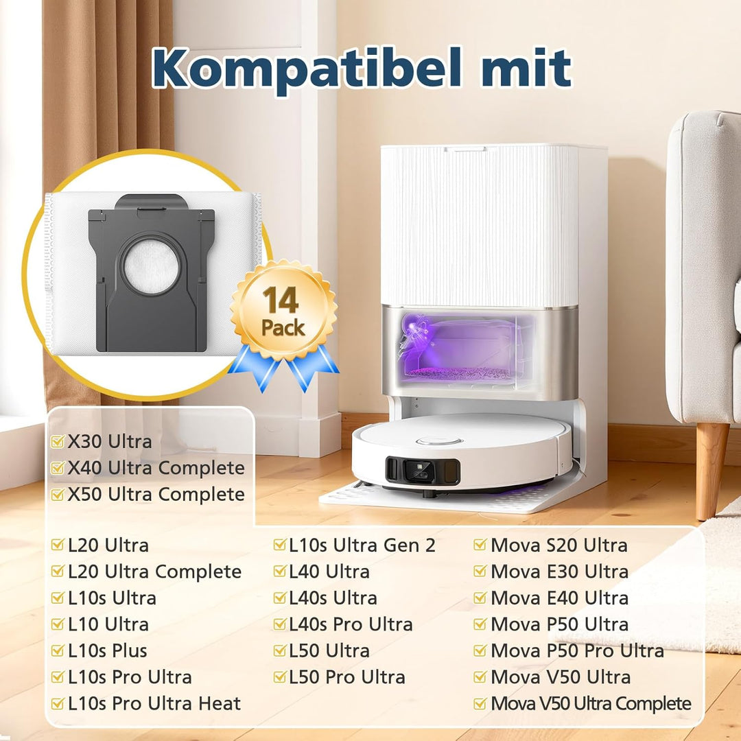 14 Stück Staubbeutel für Dreame L20/X30/X40/X50 Ultra Complete, L10s/L10/L40s/L10s Pro/L40/L50/Aqua1