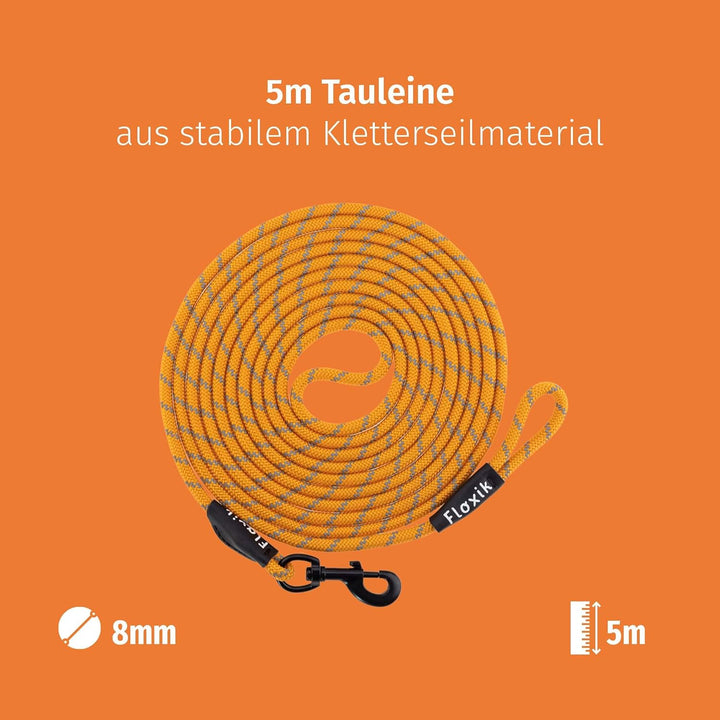 Floxik Schleppleine für Hunde | 5m, 10m, 15m, 20m orange | reflektierende Tauleine mit Abnehmbarer H