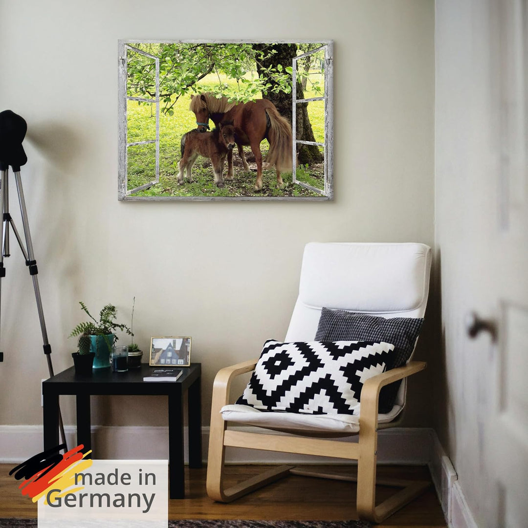 ARTland Leinwandbilder Wandbild Bild auf Leinwand 60x45 cm Wanddeko Fensterblick Fenster Pferd Pony