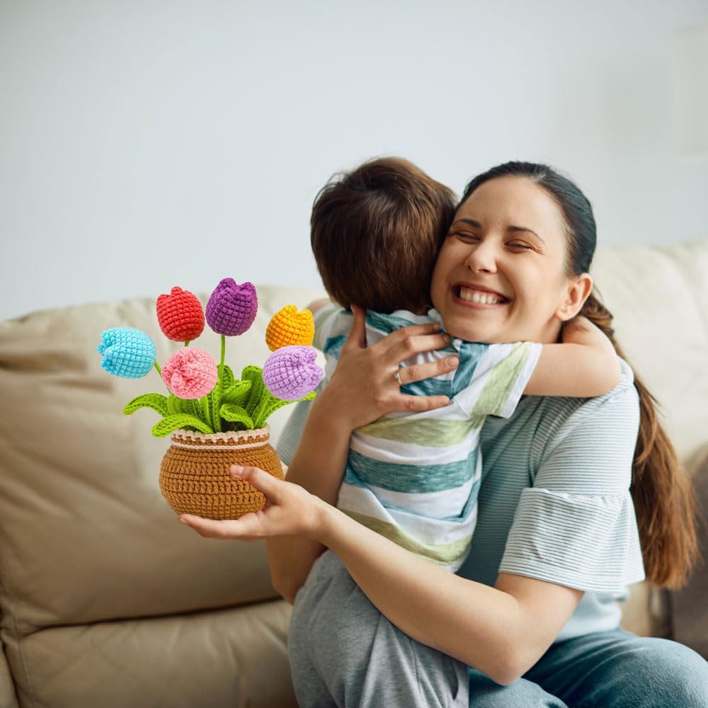Mecmbj Häkelanfänger-Set, gehäkelte Tulpe, Blumenvasen-Ornament für Damen, Häkelnadel für Anfänger f