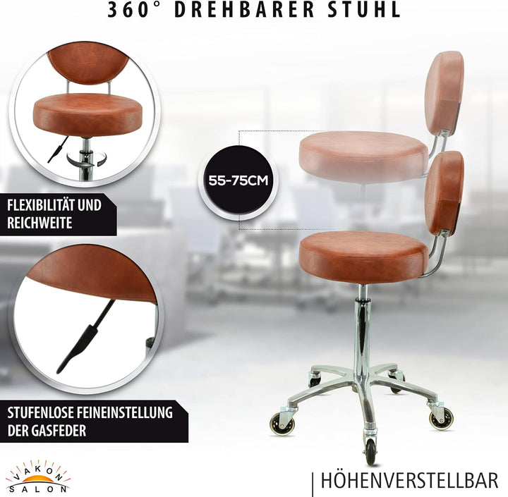 Premium Rollhocker Hellbraun mit ovaler Lehne höhenverstellbar von 55 bis 75 cm - Rundsitz- Drehhock