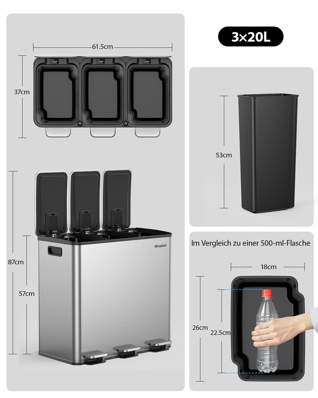 lovewind Mülleimer, 3 x 20L Recyclingeimer, 3-Fach-Mülleimer für Recycling und Abfall, inklusive Mül