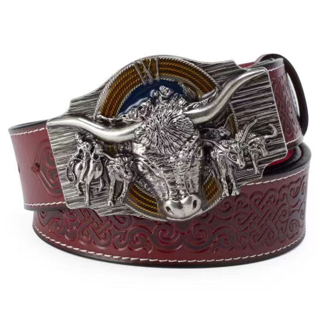 WRJAHCG Gürtel Western für Cowboy, Vintage Long Horn Bull Rodeo Western Cowboy Gürtel,Silver red,120