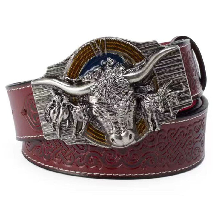 WRJAHCG Gürtel Western für Cowboy, Vintage Long Horn Bull Rodeo Western Cowboy Gürtel,Silver red,120