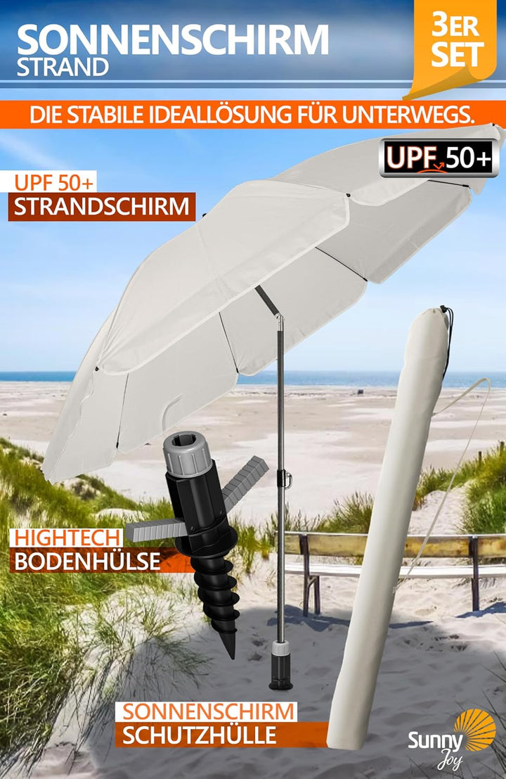 4smile Sonnenschirm Strand SunnyJoy Ø 180 cm, 3er Set - Strandschirm mit UV Schutz 50+, inkl. Sonnen
