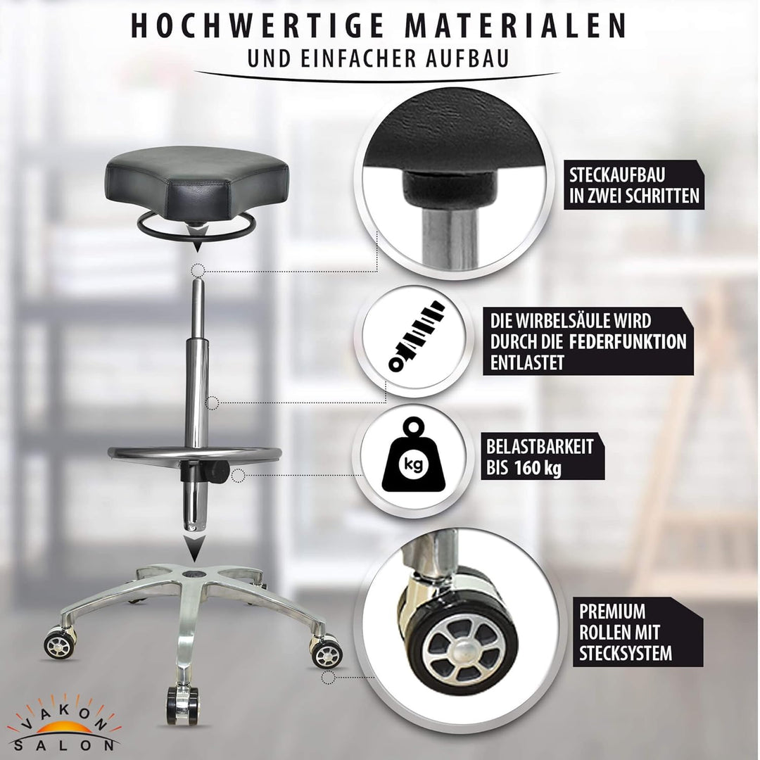 VAKON SALON - Design ergonomischer Rollhocker auf hochwertigen Rollen und Fussring schwarz - Höhenve