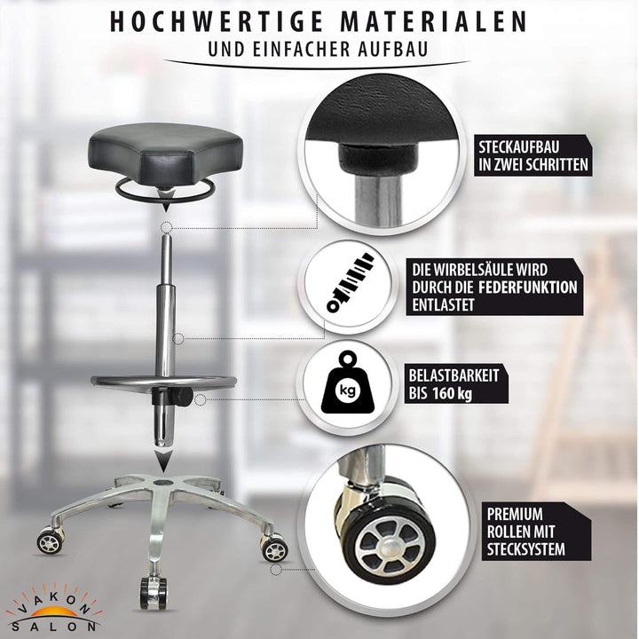 VAKON SALON - Design ergonomischer Rollhocker auf hochwertigen Rollen und Fussring schwarz - Höhenve