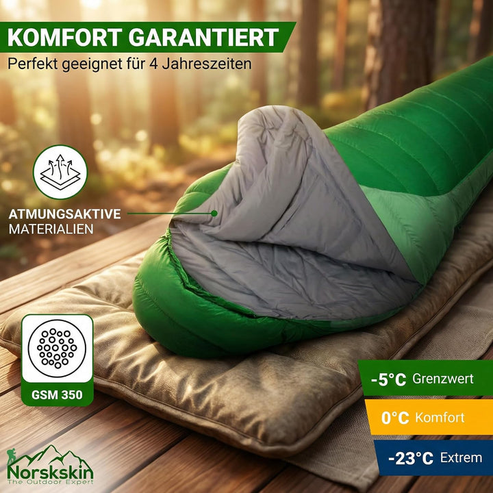 Norskskin Leichter Schlafsack 4 Jahreszeiten 0°C bis -23°C - Mumienschlafsack extra lang (230 x 82 c