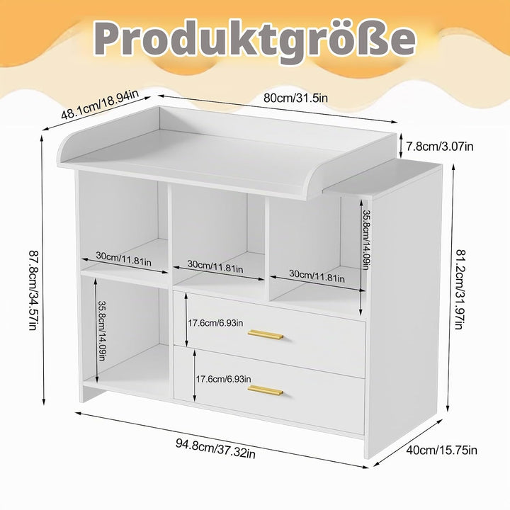 MSFE Wickelkommode Wickeltisch Baby Wickelkommode aus Holz mit abnehmbarem Wickelaufsatz, 2 Schublad