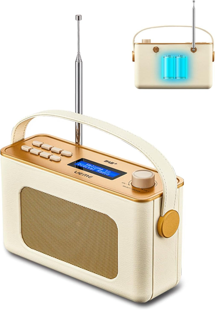 Tragbarer Retro Design DAB Plus/FM Radio, Bluetooth Lautsprecher DAB + Radio mit Wiederaufladbarer L