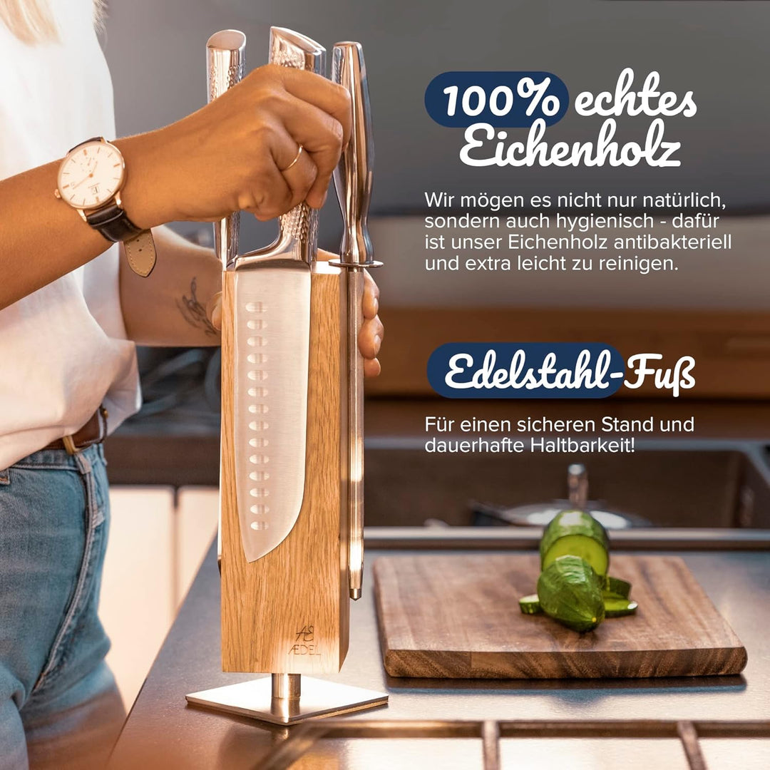AEDEL Design Messerblock magnetisch & drehbar aus edlem Eichenholz | Messerhalter für mind. 4 grosse
