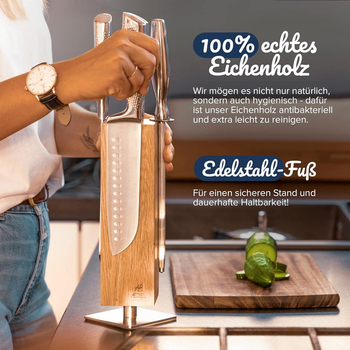 AEDEL Design Messerblock magnetisch & drehbar aus edlem Eichenholz | Messerhalter für mind. 4 grosse