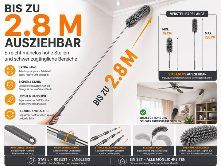 Staubwedel mit Teleskopstange 2,8 m – Waschbarer Mikrofaser Staubwischer für Spinnweben & Staub, Aus
