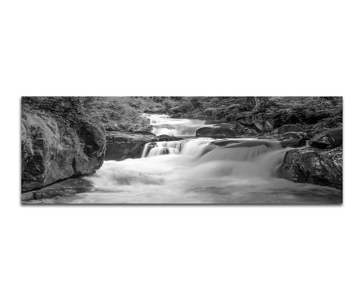 Paul Sinus Art Leinwandfoto als Panorama SCHWARZ/Weiss 150x50cm Wald Fluss Wasserfall Herbst