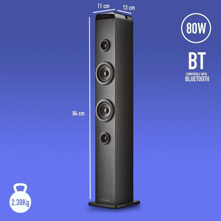 NGS Sky Charm Pro - Soundturm, 50 W, Bluetooth 5.4, Optisch, USB, AUX-IN, FM-Radio, Broadcasting-Fun