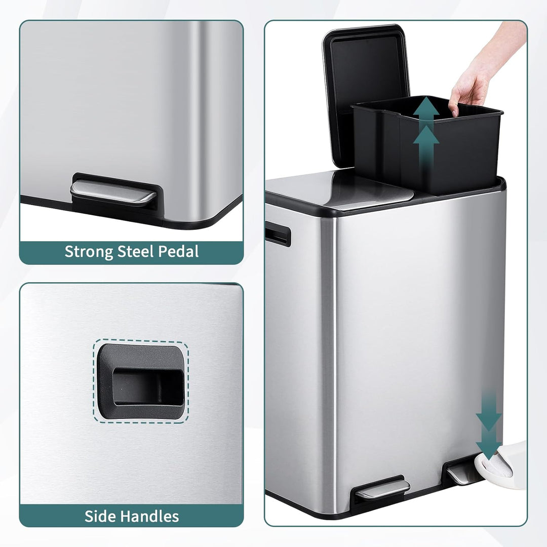 Mülleimer Küche,2 x 30L Mülltrennsystem Edelstahl Mülleimer 2 fächer tretmülleimer Doppeldeckel müll
