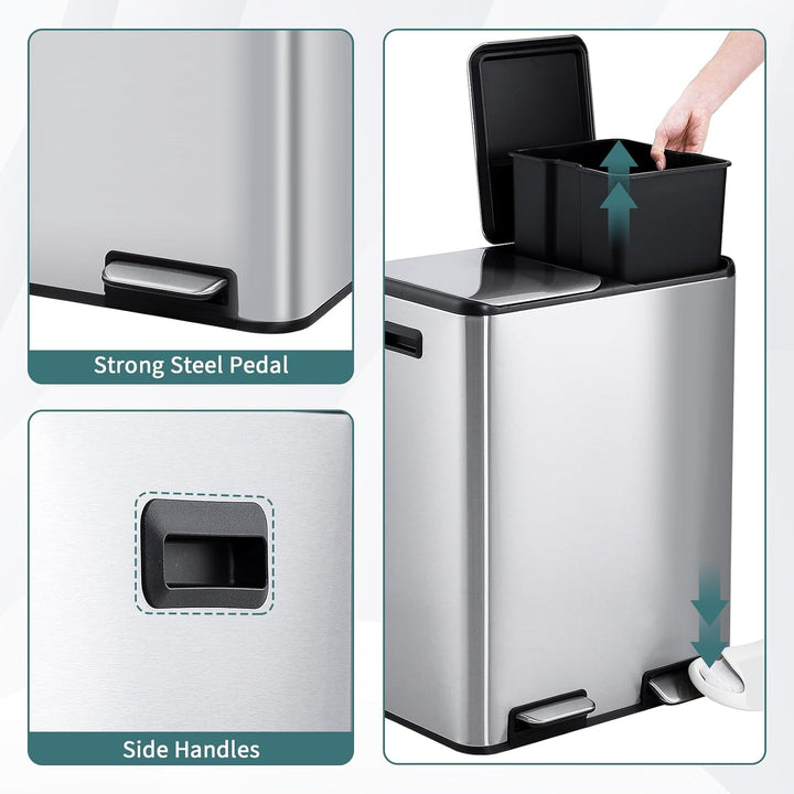 Mülleimer Küche,2 x 30L Mülltrennsystem Edelstahl Mülleimer 2 fächer tretmülleimer Doppeldeckel müll