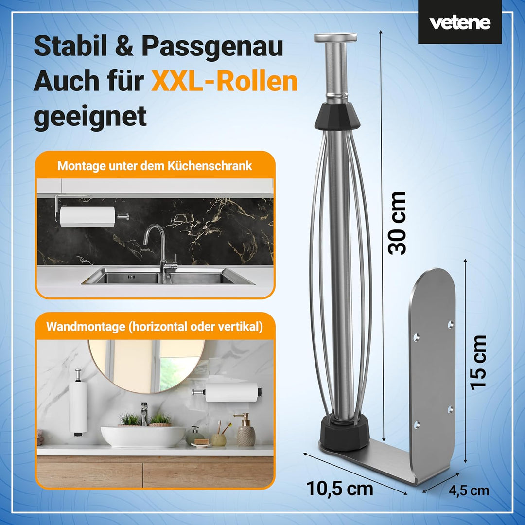 vetene® Premium Küchenrollenhalter ohne Bohren [Zum Einhändig Abreissen] – Edelstahl Silber – mit Ab