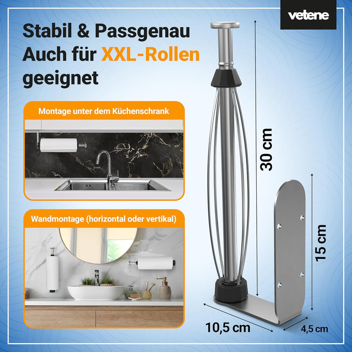 vetene® Premium Küchenrollenhalter ohne Bohren [Zum Einhändig Abreissen] – Edelstahl Silber – mit Ab