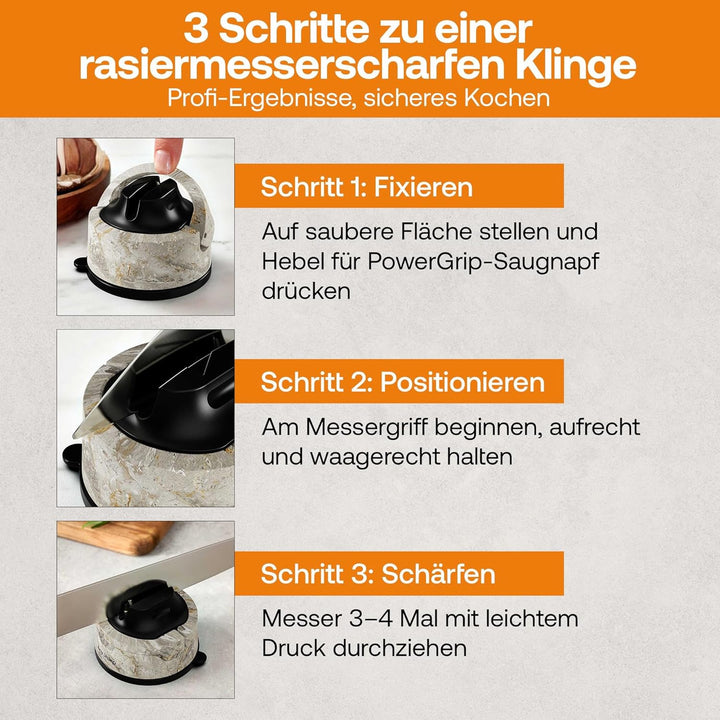 AnySharp Evo Messerschärfer, Freihändige Sicherheit, PowerGrip Saugnapf, Sicheres Schärfen aller Küc