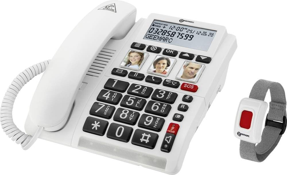 Geemarc CL610 - Schnurgebundenes Notruftelefon und wasserdichtes SOS-Armband mit verstärkter Lautstä