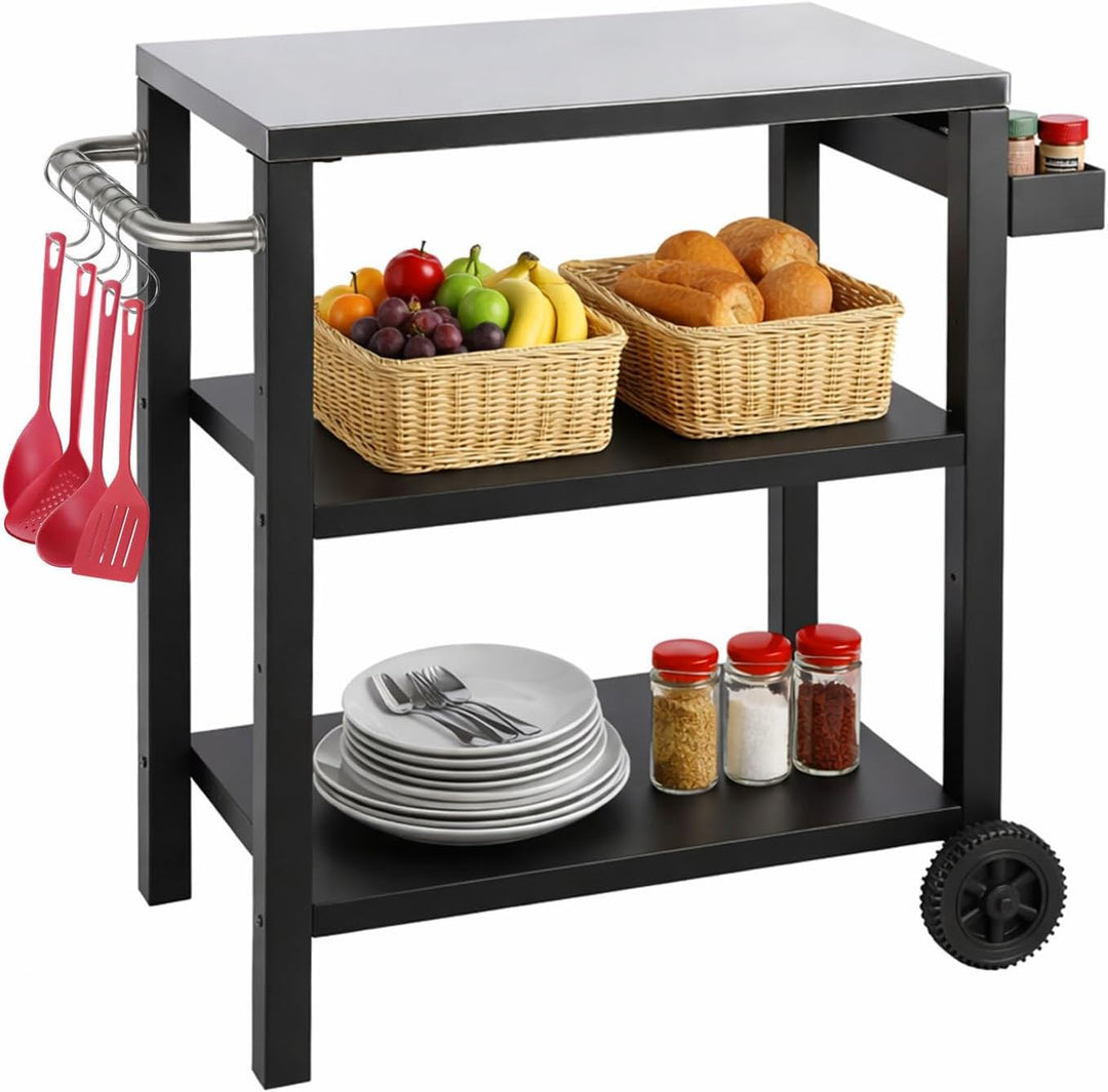 Grillwagen Höhenverstellbar, Grilltisch mit 3 Ablagen, 6 Haken, Griff & Gewürzregal, Outdoorküche Se