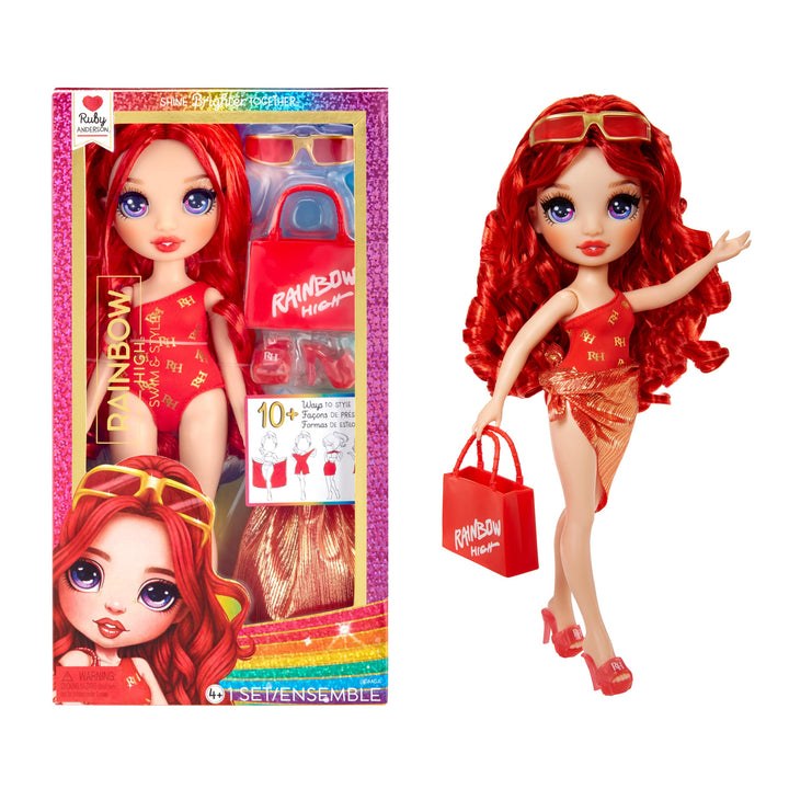Rainbow High Swim & Style - Ruby (Rot) - 28 cm Grosse Puppe mit Schimmerndem Pareo, auf 10+ Arten zu