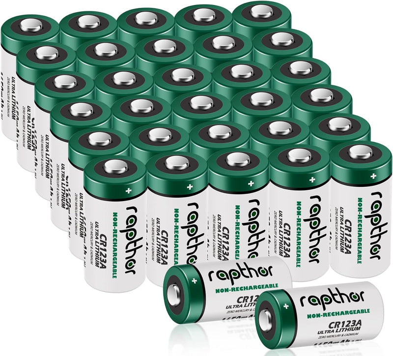 Rapthor CR123A 3V Lithium Batterie 32er Pack 1650mAh für Arlo Kamera, Polaroid, Taschenlampe, hohe K