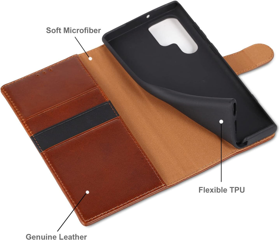 LENSUN Echtleder Hülle für Samsung Galaxy S22 Ultra, Handyhülle [Echtes Leder][Kartenfach][RFID Schu