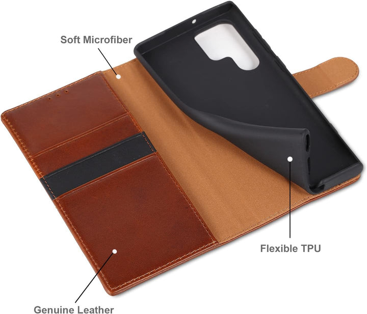 LENSUN Echtleder Hülle für Samsung Galaxy S22 Ultra, Handyhülle [Echtes Leder][Kartenfach][RFID Schu