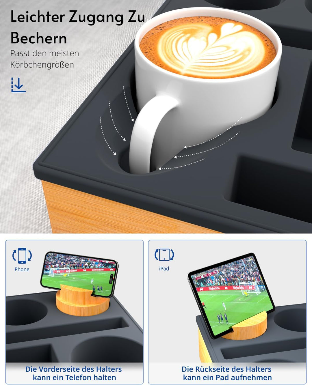 Couchbar Snackbox Silikon sofatablett mit 360 Grad Drehbar Handyhalter beistelltisch mit Holz Sofata