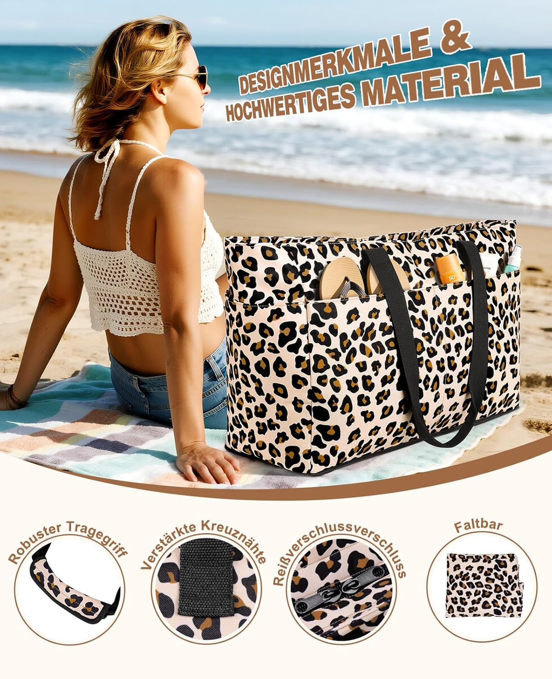 ISEYOU Strandtasche XXL Familie mit Kühltasche, Gross Strandtasche mit Reissverschluss Wasserdicht S