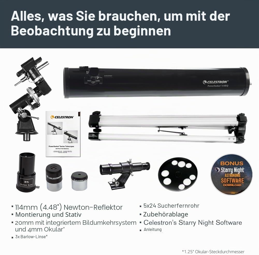 Celestron 21045 PowerSeeker 114EQ Spiegelteleskop - mit Zwei Okularen, Einer Barlow-Linse, höheneins