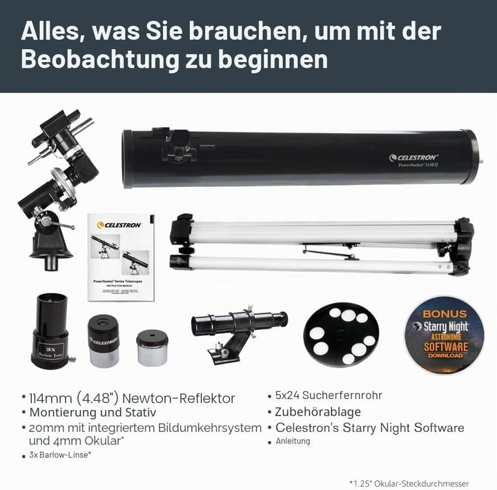 Celestron 21045 PowerSeeker 114EQ Spiegelteleskop - mit Zwei Okularen, Einer Barlow-Linse, höheneins