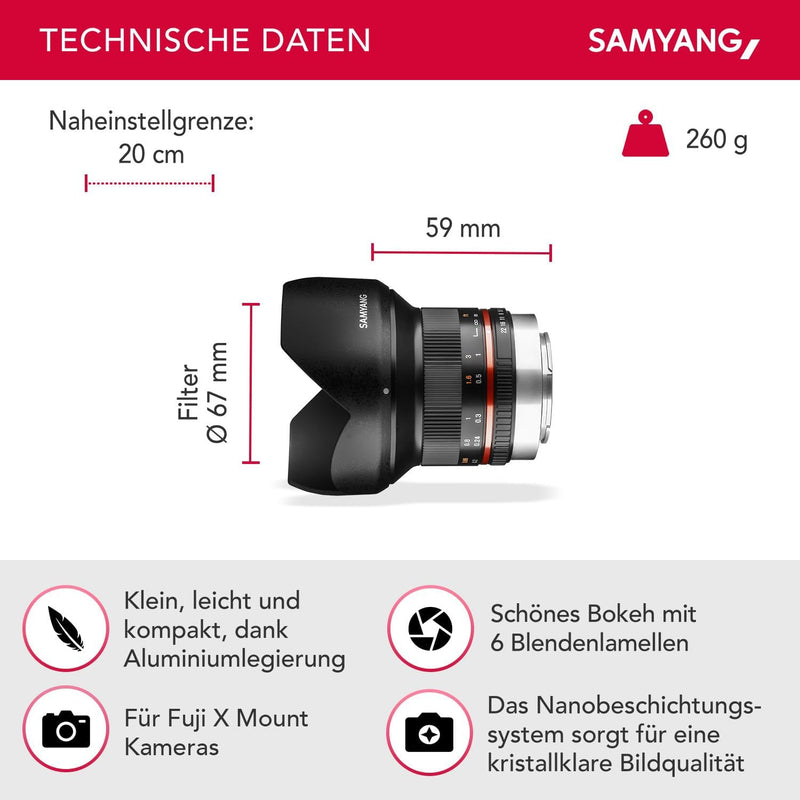 Samyang 12mm F2.0 APS-C Fuji X schwarz - Weitwinkel Festbrennweite Objektiv für Fuji X, manueller Fo