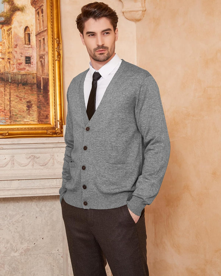 Kallspin Herren Strickjacke aus Wollmischung V-Ausschnitt Cardigan mit Knopfverschluss und Taschen H