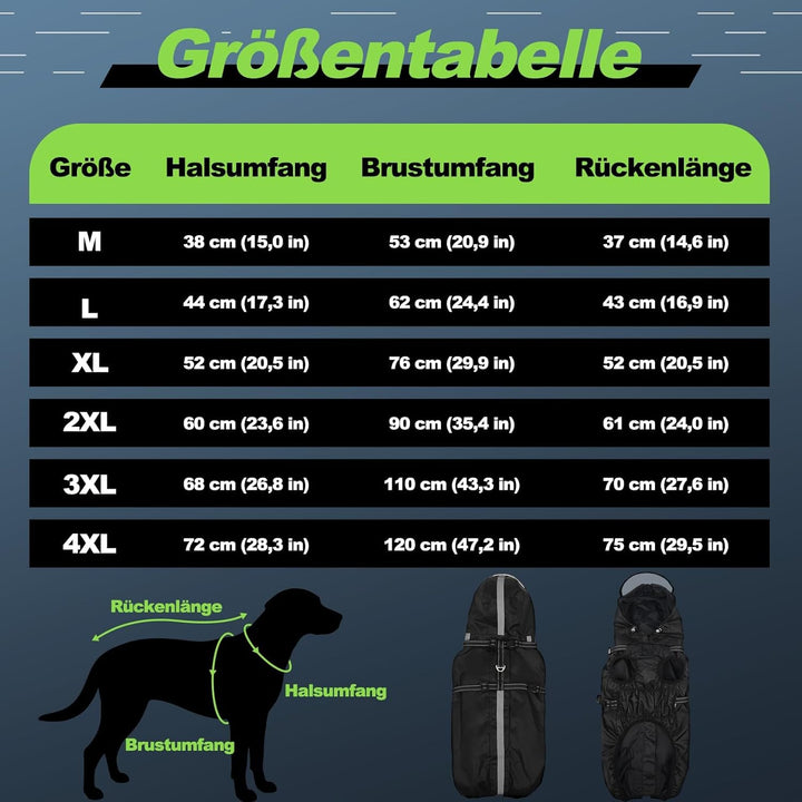 Hunderegenmantel wasserdicht, Regenjacke mit reflektierenden Streifen, H-Brustgeschirr (D-Ring) & Ab